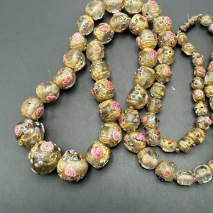 Vtg Venetian Murano Italy Gold Wedding Cake glass Bead Beaded Necklace 26"L - Bild 1 von 13