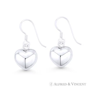 28x12mm Puffed Hollow Heart Dangling Drop Hook Earrings in .925 Sterling Silver - Picture 1 of 1