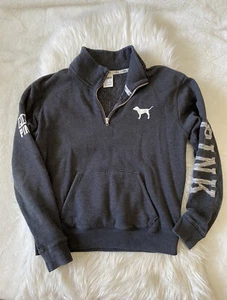 Pink Victorias Secret Pullover 1/4 Zip Sweatshirt XS Dark Gray Logo Long Sleeve - Picture 1 of 10