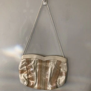Vintage Cream Leather Patchwork Striped Shoulder Bag Leather Lined - Picture 1 of 4