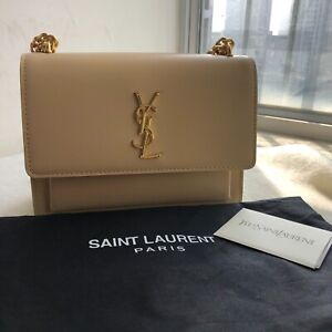Authentic Yves Saint Laurent apricot leather plain gold buckle shoulder bag