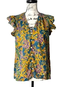 Cleobella Womens Chloe Top Floral Button-Up Ruffle Sleeve Organic Cotton Size M - Picture 1 of 9