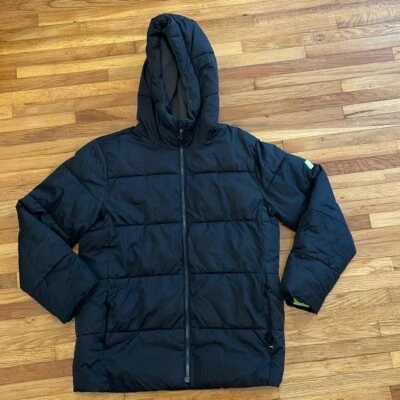 Gap kids Black Puffer Coat Boys Size XXL Fleece Lined Hood Neon Green Interior - Image 1 of 4