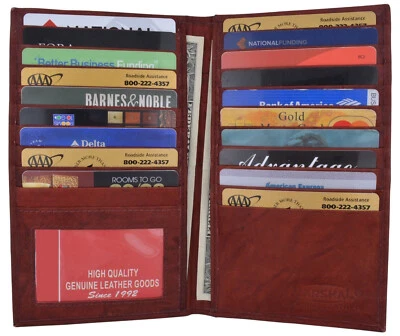 Cartera Larga Doble Plegable Cuero Bloque RFID 19 Tarjetas Identificación Chequera Cubierta Soporte Borgoña Foto 1 de 4