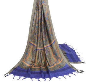 Sushila Vintage Blue Dupatta Paisley Printed 100%Pure Woolen Warm Soft LongStole - Picture 1 of 8