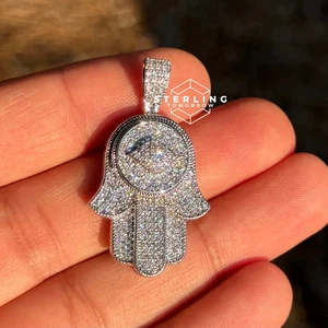 Hamsa Hand Evil Eye Pendant Iced Out 14K W Gold Tone CZ + Free Steel Cuban Chain - Picture 1 of 13