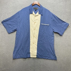 NAT NAST Shirt Mens XL Blue Cream Silk Bowling Style Button Up Retro Pocket Trim - Picture 1 of 6