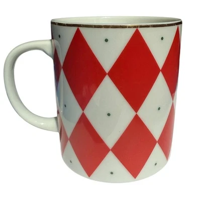 Taza Williams Sonoma Rojo Blanco Diamante Arlequín Punto Verde Acento Borde Dorado Foto 1 de 4