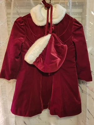 Vintage Holiday Girls Jacket Coat Hat Faux Velvet Fur Burgundy USA Christmas  - Image 1 of 4