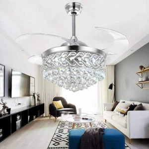42" Luxury Crystal Chandeliers Invisible Ceiling Fans w/Remote 3-Color LED Light - Picture 1 of 12