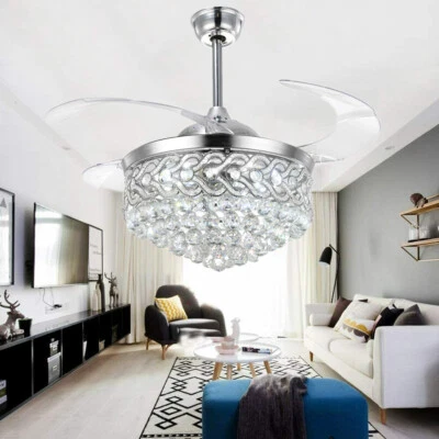 42" Luxury Crystal Chandeliers Invisible Ceiling Fans w/Remote 3-Color LED Light - Image 1 of 4