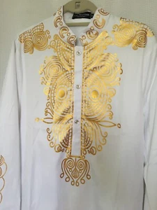 LucMatton Men's African Traditional Metallic Gold Dashiki Shirt White Medium 40" - Picture 1 of 7