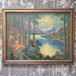 Vintage William wm Thompson Campfire Scene Framed SILVER MOON AND AMBER STREAM - Picture 1 of 16