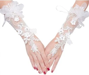 Elegant Satin Lace Gloves Long Bridal Gloves For Bride Flower Girls - Picture 1 of 6