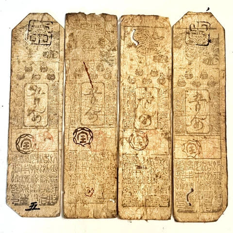 4x Antique 1700’s Japanese Edo Period Hansatsu Paper Money Currency Wood Block Cover