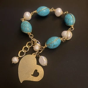 Barock Perle und Howlite Armband Herz Charm - Bild 1 von 4