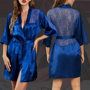 Women's Sexy Sleepwear Satin Lace Lingerie Short Kimono Robe G-String With Belt - Picture 1 of 44