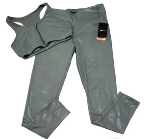 Sho Active Womens Gray Metallic Front Zip Sports Bra Mesh Leggings Set M NWT - Picture 1 of 11