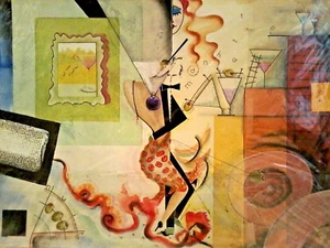 MODERN ILLUSTRATOR MARIE FREDERIQUE Sd. ORIGINAL M/M PAINTING "DANCING MARTINI" - Picture 1 of 10