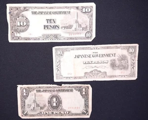 3 JAPANESE GOVERNMENT WWII OCCUPATION, PHILIPPINES NOTES 1, 10, 10 PESOS - Picture 1 of 2