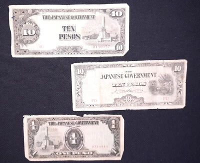 3 JAPANESE GOVERNMENT WWII OCCUPATION, PHILIPPINES NOTES 1, 10, 10 PESOS - Image 1 of 2