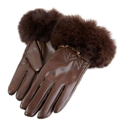 Vince Camuto Faux Fur Trimmed Faux Leather Gloves Size Small Buckle Detail Brown - Image 1 of 4