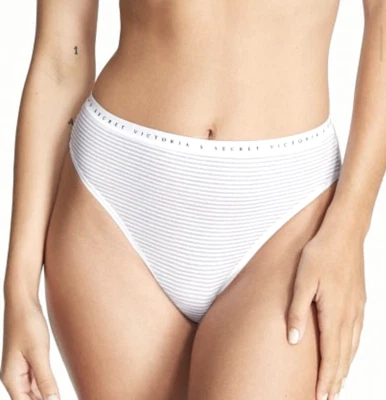 NWT VICTORIA'S SECRET STRETCH COTTON HIGH-LEG BRIEF PANTY GRAY WHITE STRIPED XL - Image 1 of 3