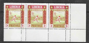 Liberia 1955, 3c tennis players, strip(3) two with DOUBLE perforations, NH #347 - Picture 1 of 2
