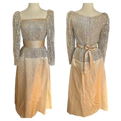 Vintage 70’s ESTEVEZ Gown Champagne Silver Sequins Pockets Sz 6 Peplum Glam 24” - Image 1 of 4