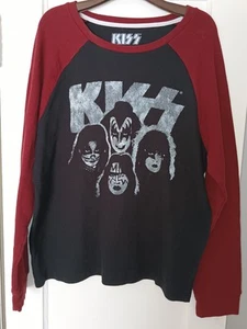 KISS Herren L schwarz & burgunder Waffel Strick Pullover Shirt Large Kiss Grafik - Bild 1 von 3