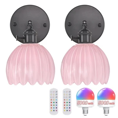 Vintage 5000 mAh Battery Operated Wall Sconce with Pink Tulip Glass Lampshade... - Image 1 of 4