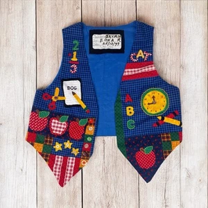 VTG 90s Handmade Girls Kids Vest 7-8 Yrs Open Style Back To School Embroidered - Picture 1 of 6
