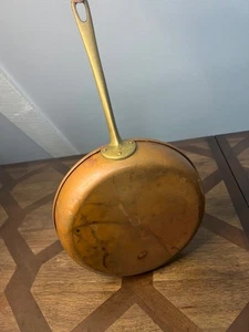 Vintage Copper Tin Lined Oval Skillet Fish Frying Pan Brass Handle 10” - Picture 1 of 12