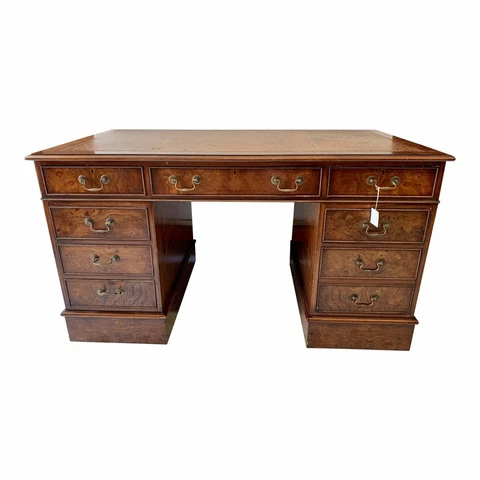 Georgian Double Pedestal Burl Mahogany Partner Desk With Gilt Tooled Leather Top Cover