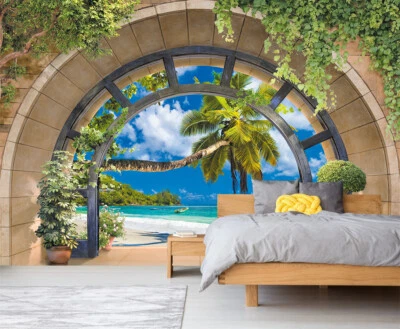 Papel pintado póster murales de pared autoadhesivos palmera playa tropical ventana 3D Foto 1 de 4