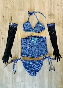 Fully Rhinestoned Burlesque Costume 5 Pieces Corset Gloves Bikini Adjustable - Picture 1 of 13