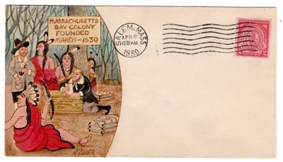 #682 Massachusetts Bay Colony 1930 First Day Cover Ralph Dyer Hand-painted  - Image 1 of 2