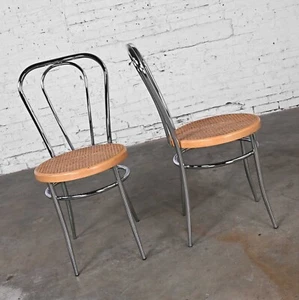 Pair Made Italy Bauhaus Style Bistro Café Chairs Chrome Cane Seat after Thonet - Picture 1 of 15