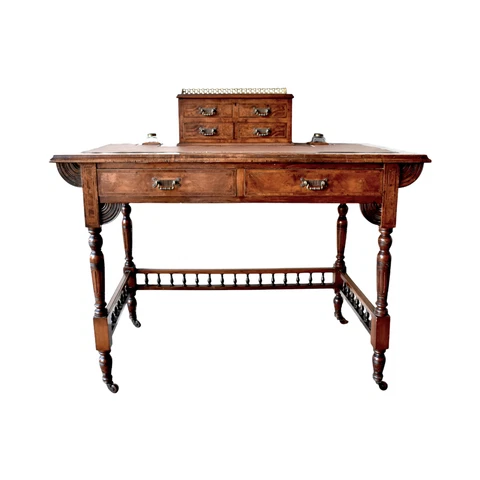 Antique Victorian Burl Walnut & Leather Writing Desk With Letter Box & Inkwells Cover