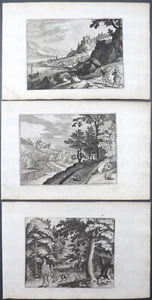 3 RADIERUNGEN LANDSCHAFT WALD REISE WANDERN BURG FLUSS LANGLOIS MERIAN 17. JH - Picture 1 of 4