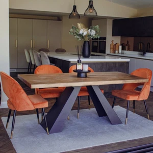 1.8m Axel Pine Dining Table with 6 Gold-Tip Velvet Chairs – Rustic Scandi Style - Picture 1 of 8