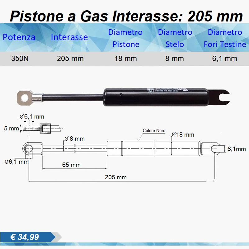 PISTONE A GAS MOLLA AMMORTIZZATORE INTERASSE: 205 mm 350N RICAMBIO - Immagine 1 di 1