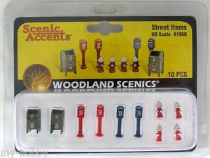 HO Scale Street Items (10 pcs) - Woodland Scenics Scenic Accents #A1960 - Picture 1 of 2