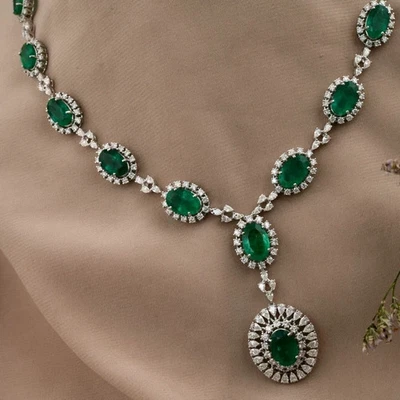 30 Ct Oval Cut Lab Created Green Emerald 14K White Gold Plated Tennis Necklace - Image 1 of 4