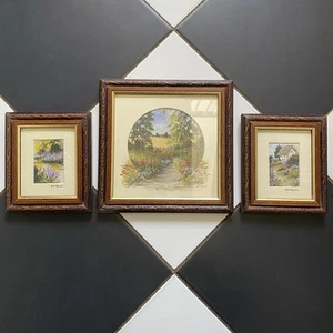 Anne Harrison Embroidered Picture Hand Painted Framed Hedgerow Cottage Triptych - Picture 1 of 17