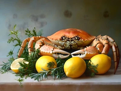 Bodegón Limón y Cangrejo Cuadro Lienzo Arte Decoración del Hogar Arte de Pared Impresiones Pintura Foto 1 de 4