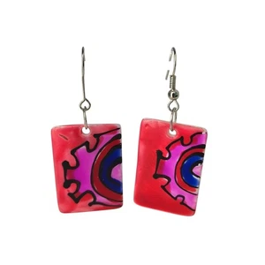 Hand painted Shell Dangle Earrings Bohemian Red Pink Blue Pierced Earrings - Picture 1 of 8