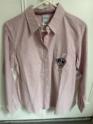 迪士尼女式纽扣长袖粉色白色衬衫米老鼠补丁中号新品 — 第 1/4 张图片