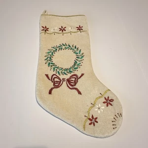 Vintage Off White Christmas Stocking Crewel Embroidered Wreath Bow Velvety - Picture 1 of 10