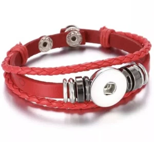 Triple Strand Braided Red Leather Snap Button Charm Bracelet ~ New - Picture 1 of 4